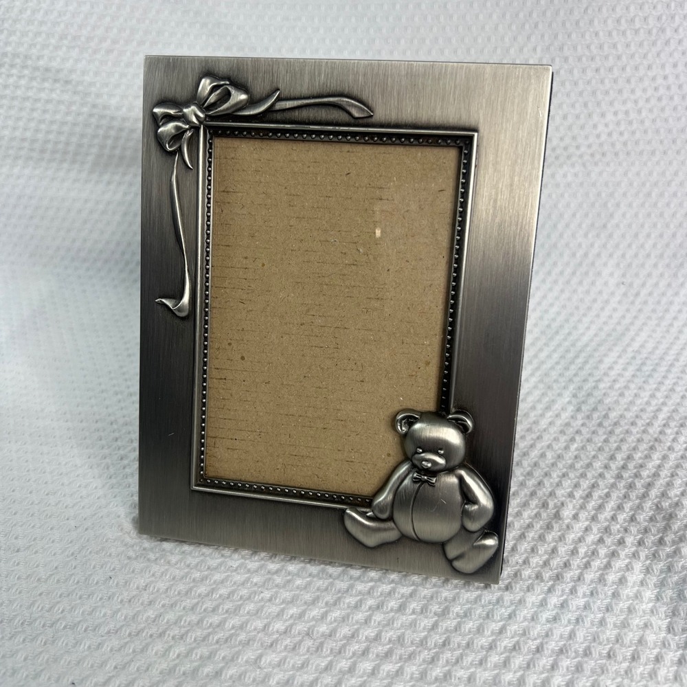 Burnes Of Boston Brushed Silver Picture Frame W/Teddy Bear & Bow Size 3.5"‎ X 5"